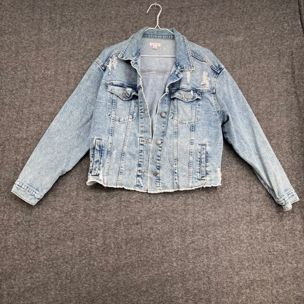 Xhilaration Womens Acid Wash Distressed Denim Jacket Light Blue Raw Hem Large